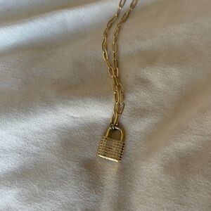 gold rhinestone lock necklace